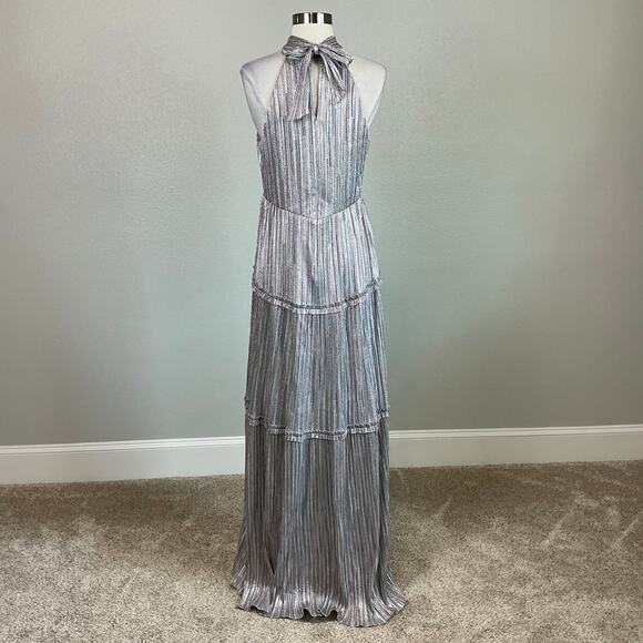 Silver Metallic Halter Evening Gown Size 12 Ruffled A-Line Long Dress by AQUA - Picture 2 of 13
